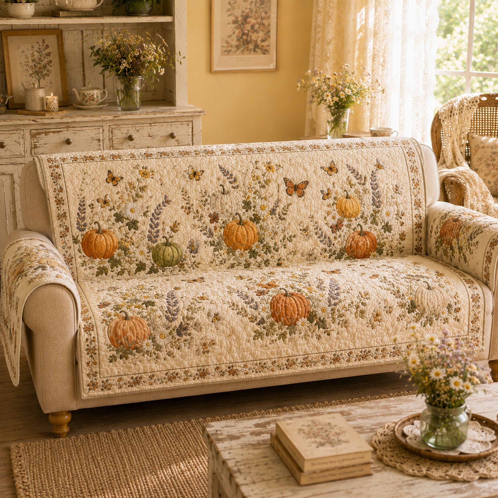 Pumpkins and Wheat on Cream Sofa Cover