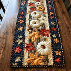White Pumpkin with Sunflowers on Navy Table Runner
