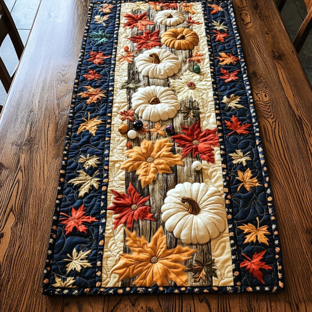 White Pumpkin with Sunflowers on Navy Table Runner