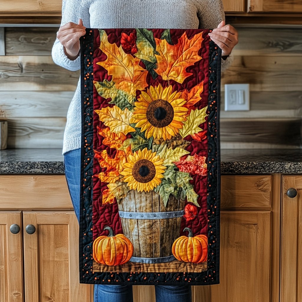 Sunflower Barrel with Pumpkins Table Runner