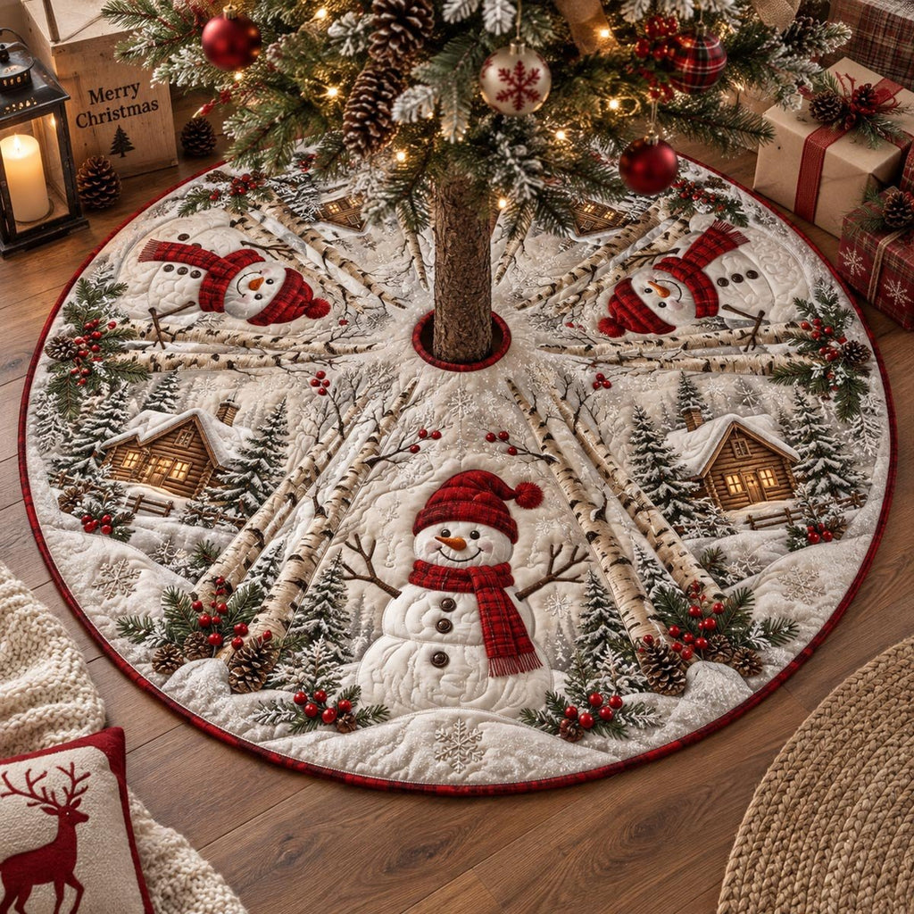 Cozy Snowman Cottage Christmas Tree Skirt