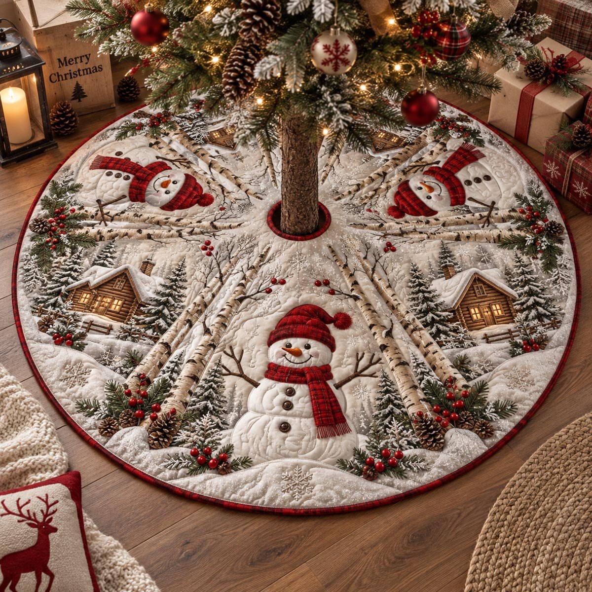 Cozy Snowman Cottage Christmas Tree Skirt