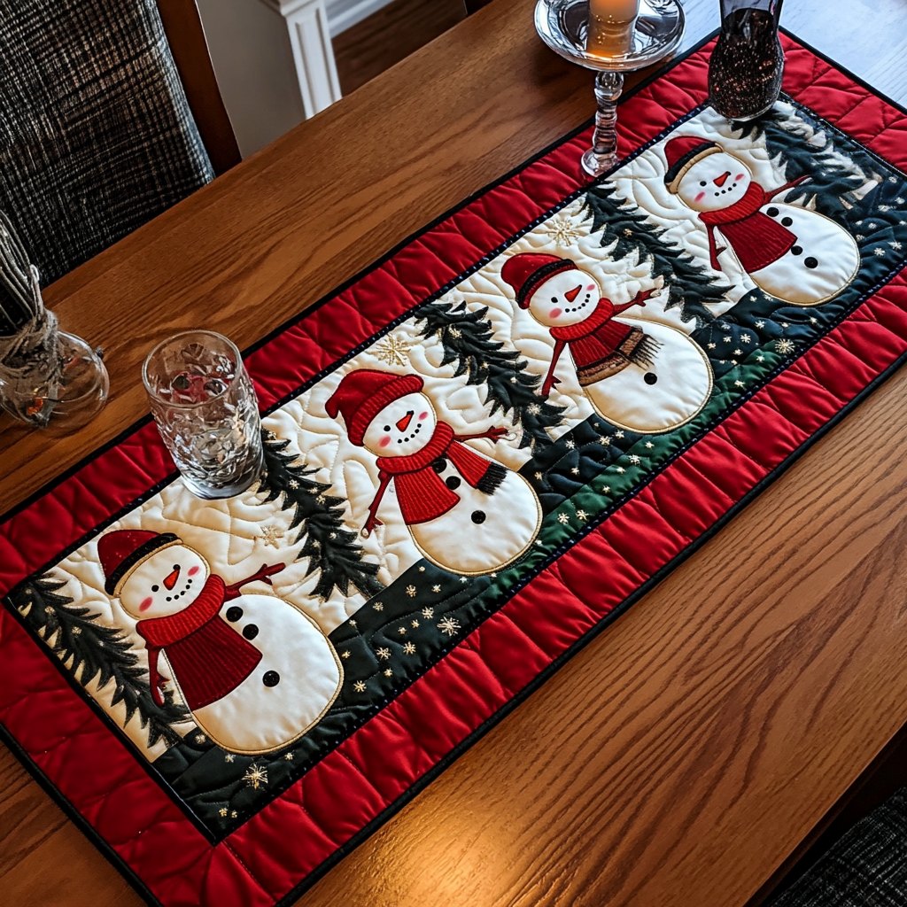 Snowmen on Red with Pine Trees Table Runner