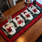 Snowmen on Red with Pine Trees Table Runner