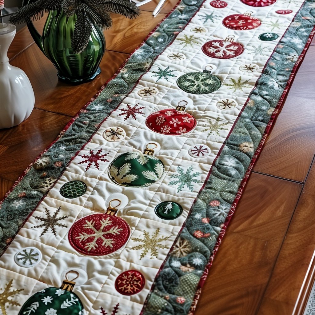 Christmas Ornaments and Snowflakes Table Runner