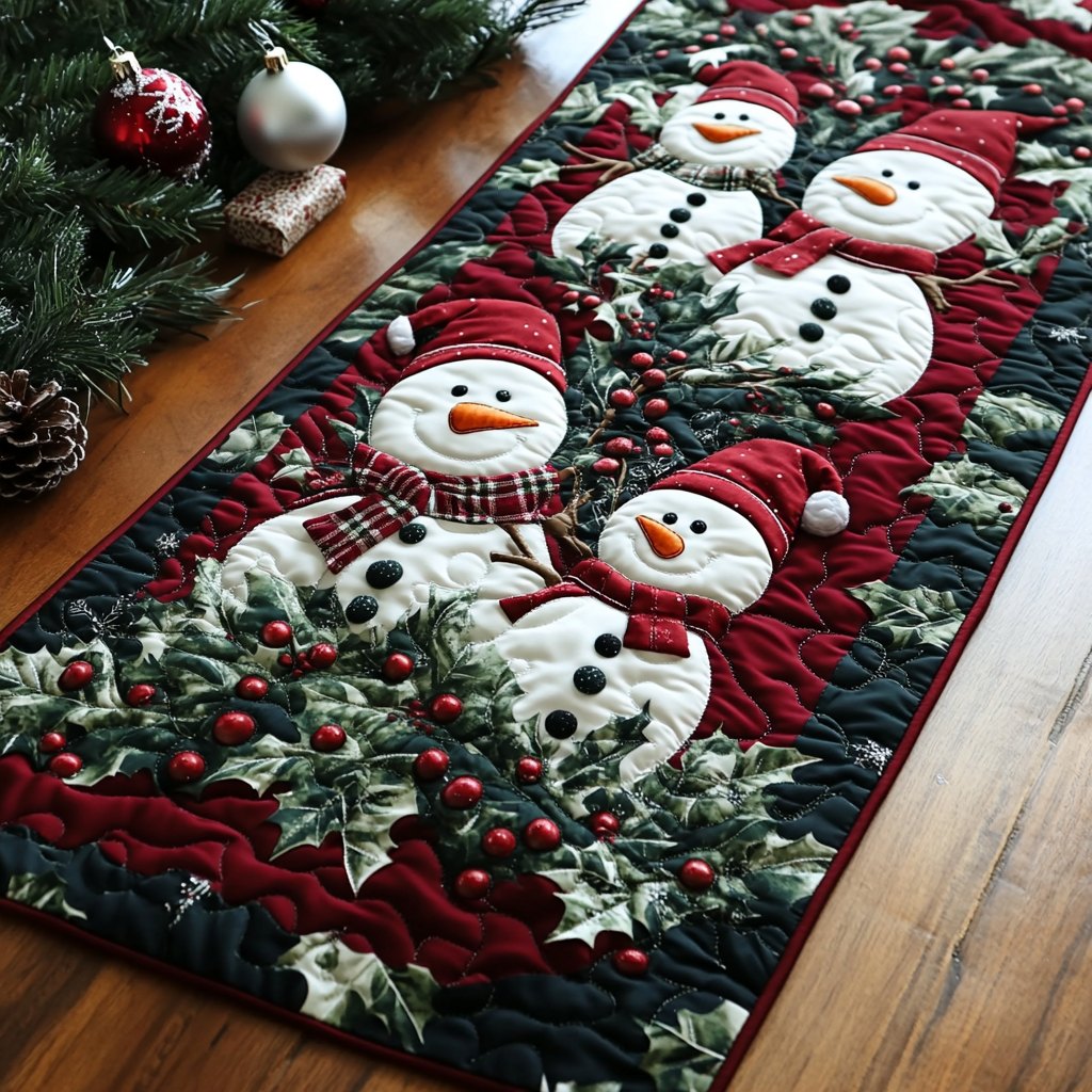 Snowmen with Holly and Berries Table Runner