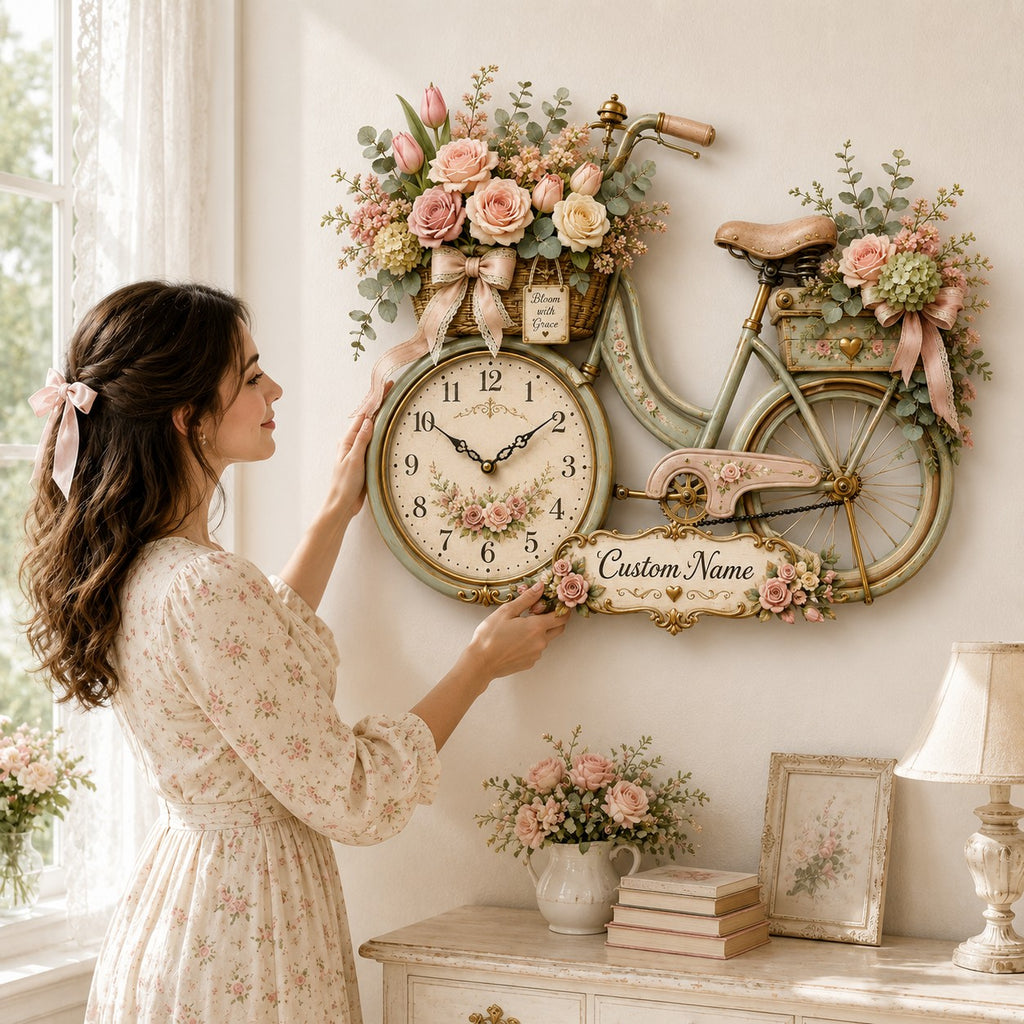 Floral bicycle Custom Name Wall Clock — personalized with a custom name