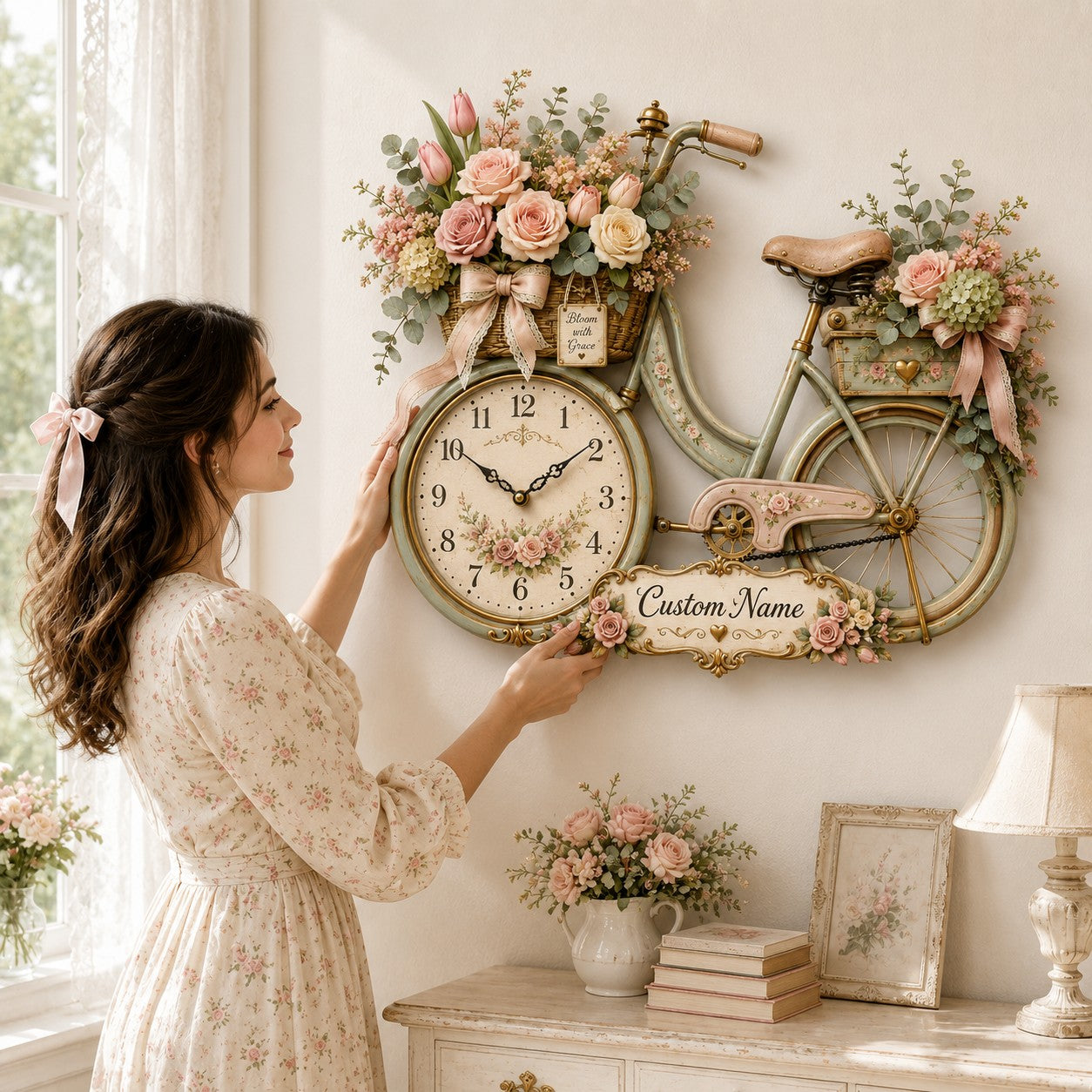Floral bicycle Custom Name Wall Clock — personalized with a custom name