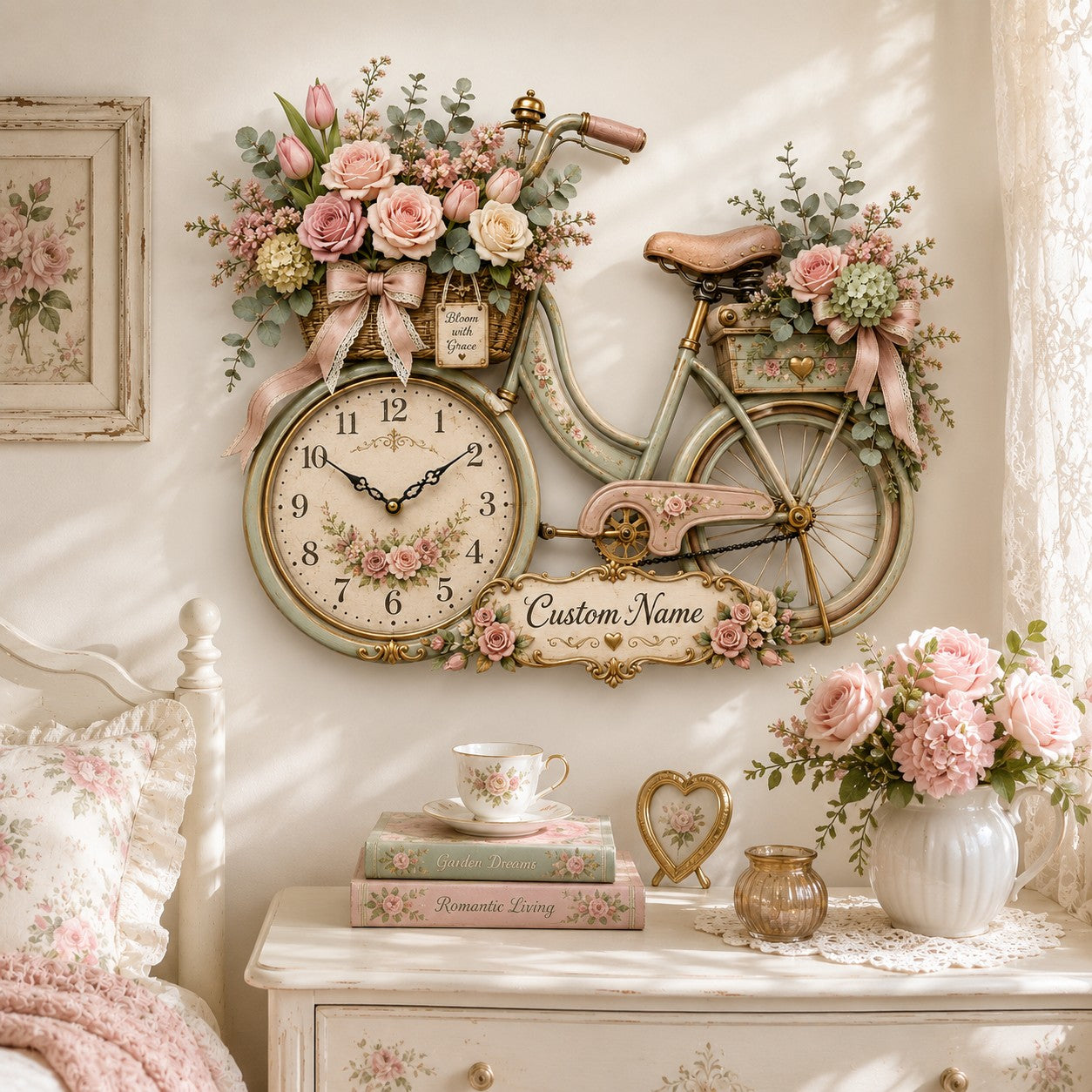 Floral bicycle Custom Name Wall Clock — personalized with a custom name