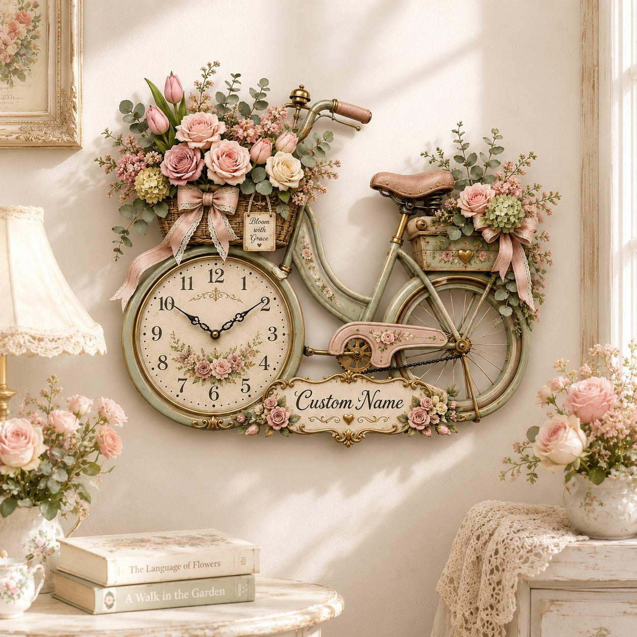 Floral bicycle Custom Name Wall Clock — personalized with a custom name
