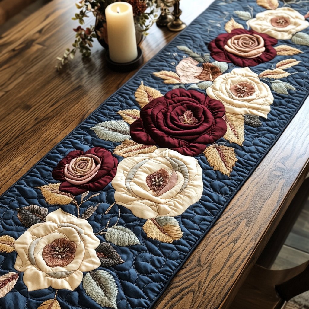 Burgundy and Cream Roses on Navy Table Runner