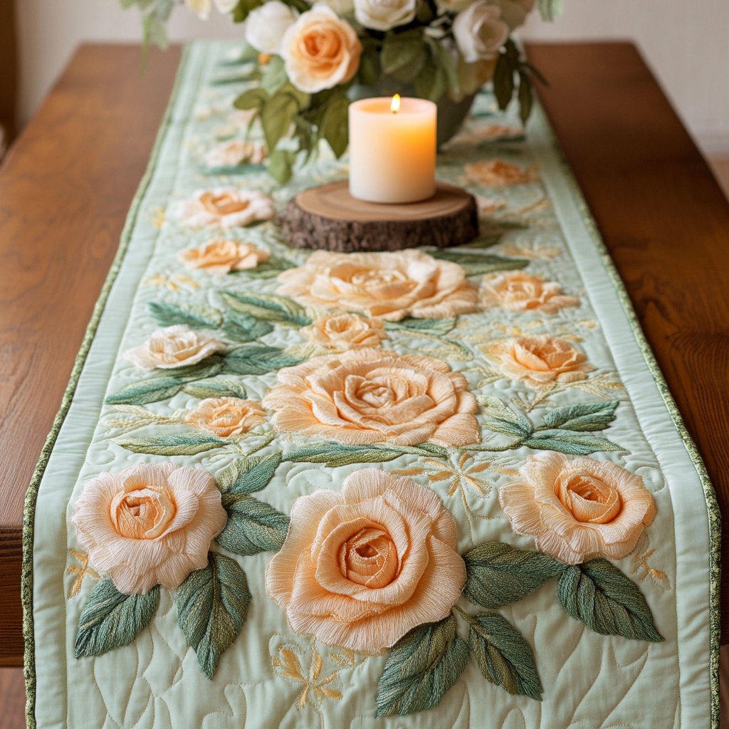 Peach Roses on Cream Table Runner