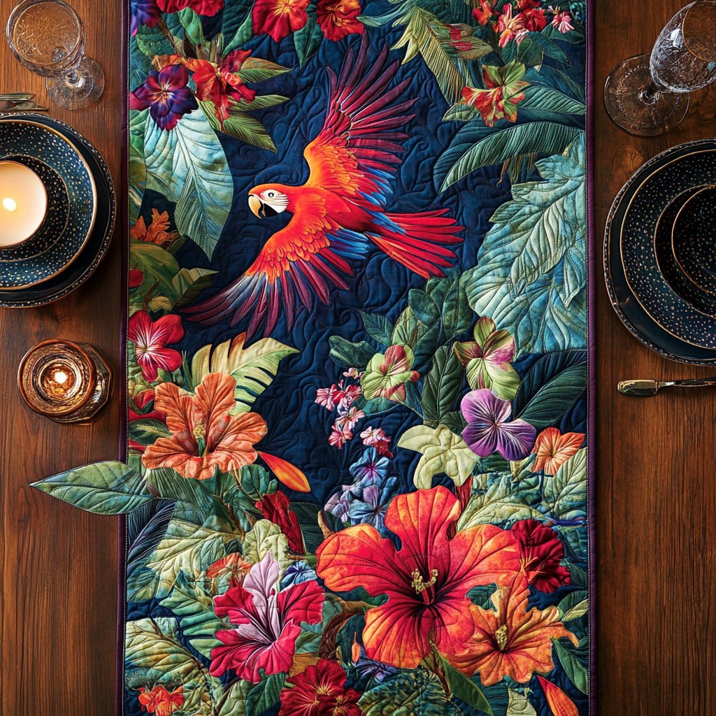 Parrot Among Tropical Blooms Table Runner