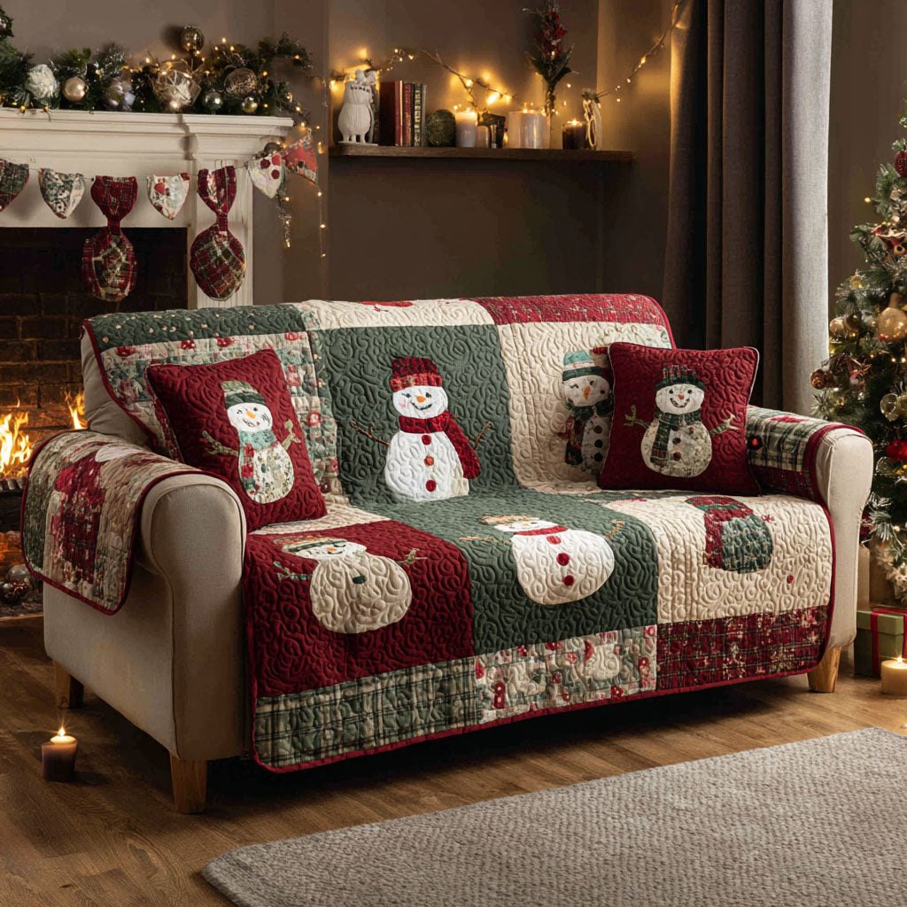 Snowmen on Forest Green Patches Sofa Cover