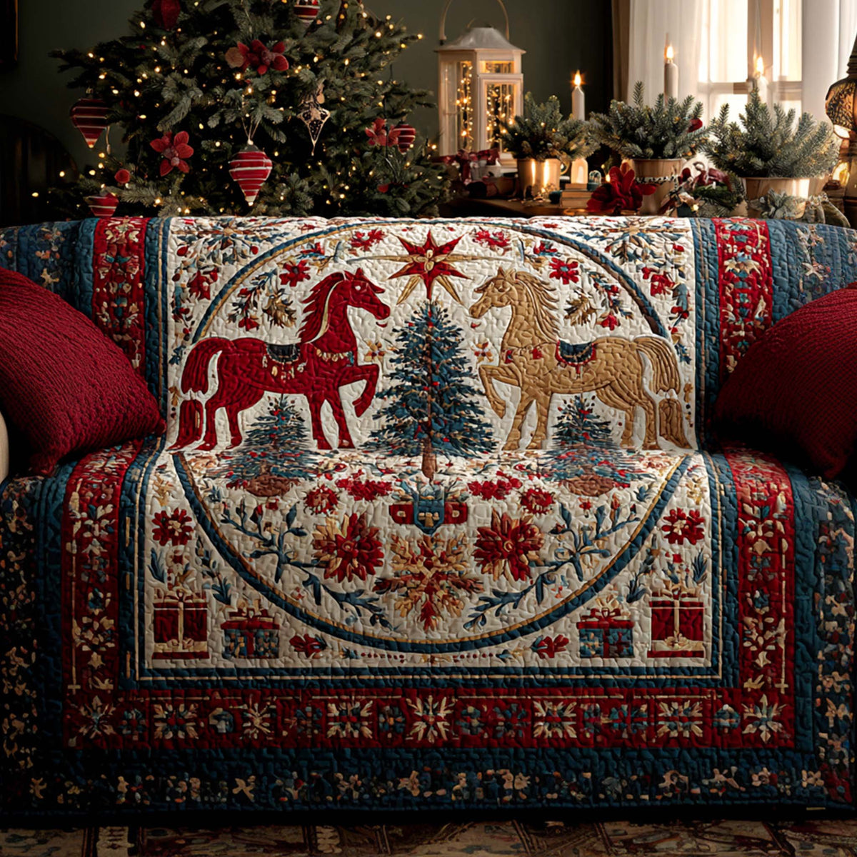 Crimson Holiday Stallions Sofa Cover