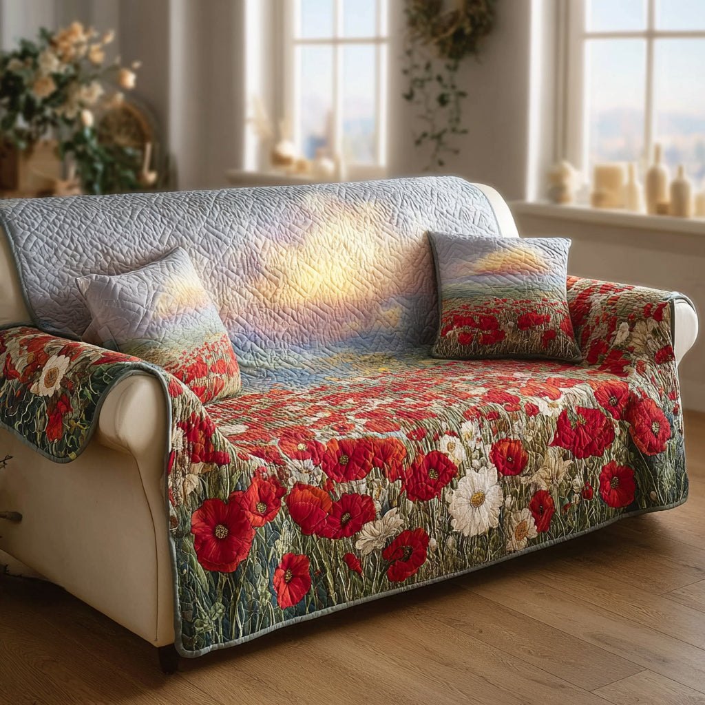 Red Poppy Field at Sunrise Sofa Cover