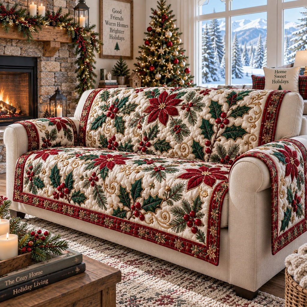 Crimson Poinsettia Bloom Sofa Cover