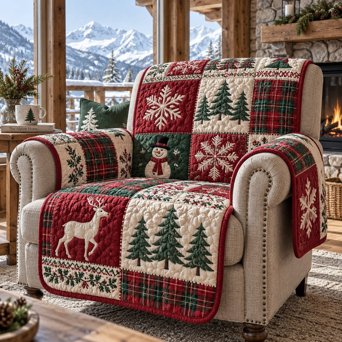 Crimson Reindeer Plaid Sofa Cover