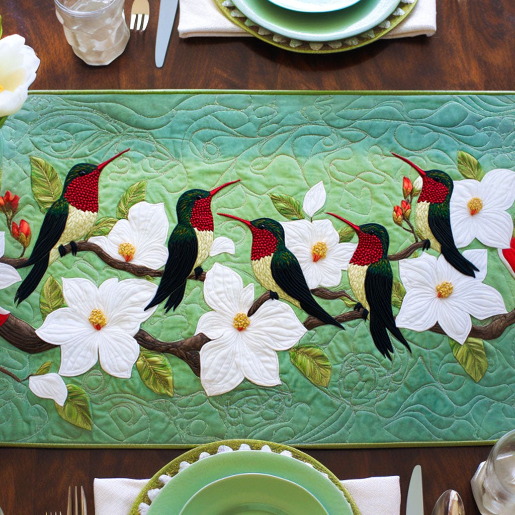 Hummingbirds on White Dogwood Table Runner
