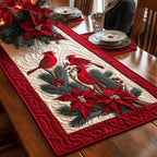 Cardinals with Poinsettias on Red Table Runner