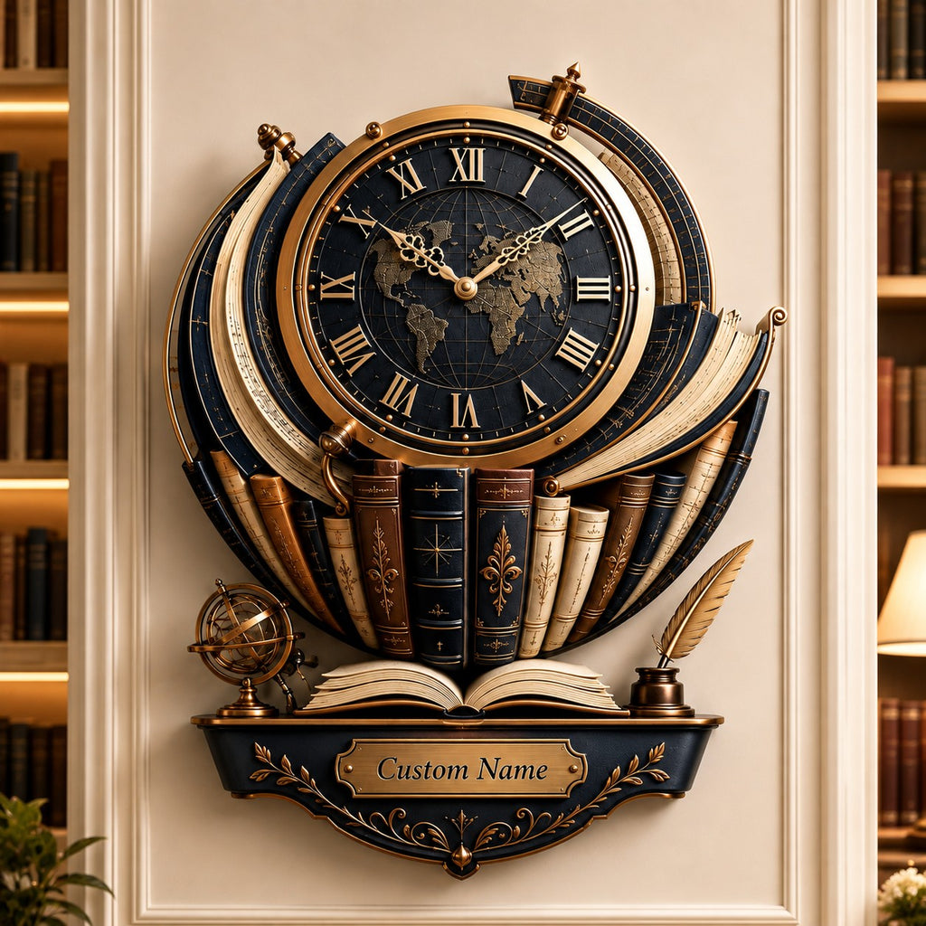 Custom Name Book Globe Wall Clock — personalized with a custom name