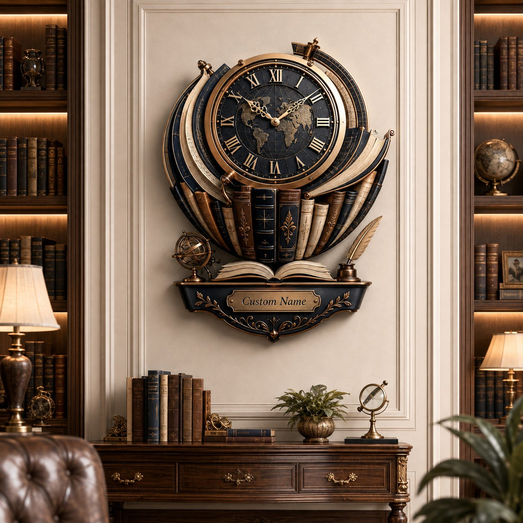 Custom Name Book Globe Wall Clock — personalized with a custom name
