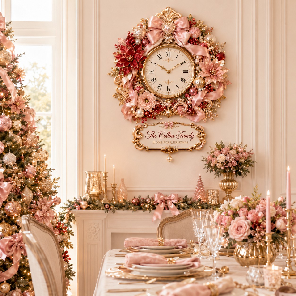 Coquette bow holiday Custom Name Wall Clock — personalized with a custom name