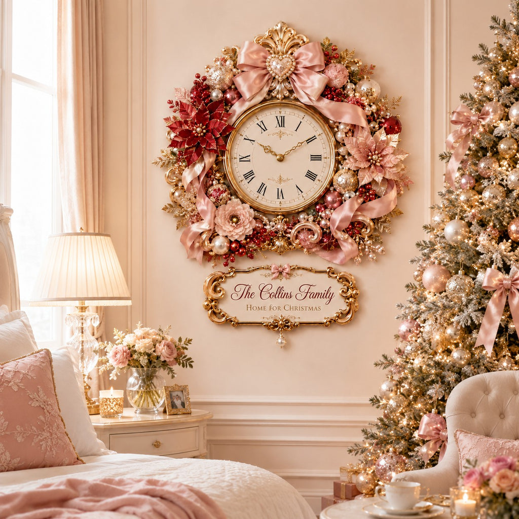 Coquette bow holiday Custom Name Wall Clock — personalized with a custom name