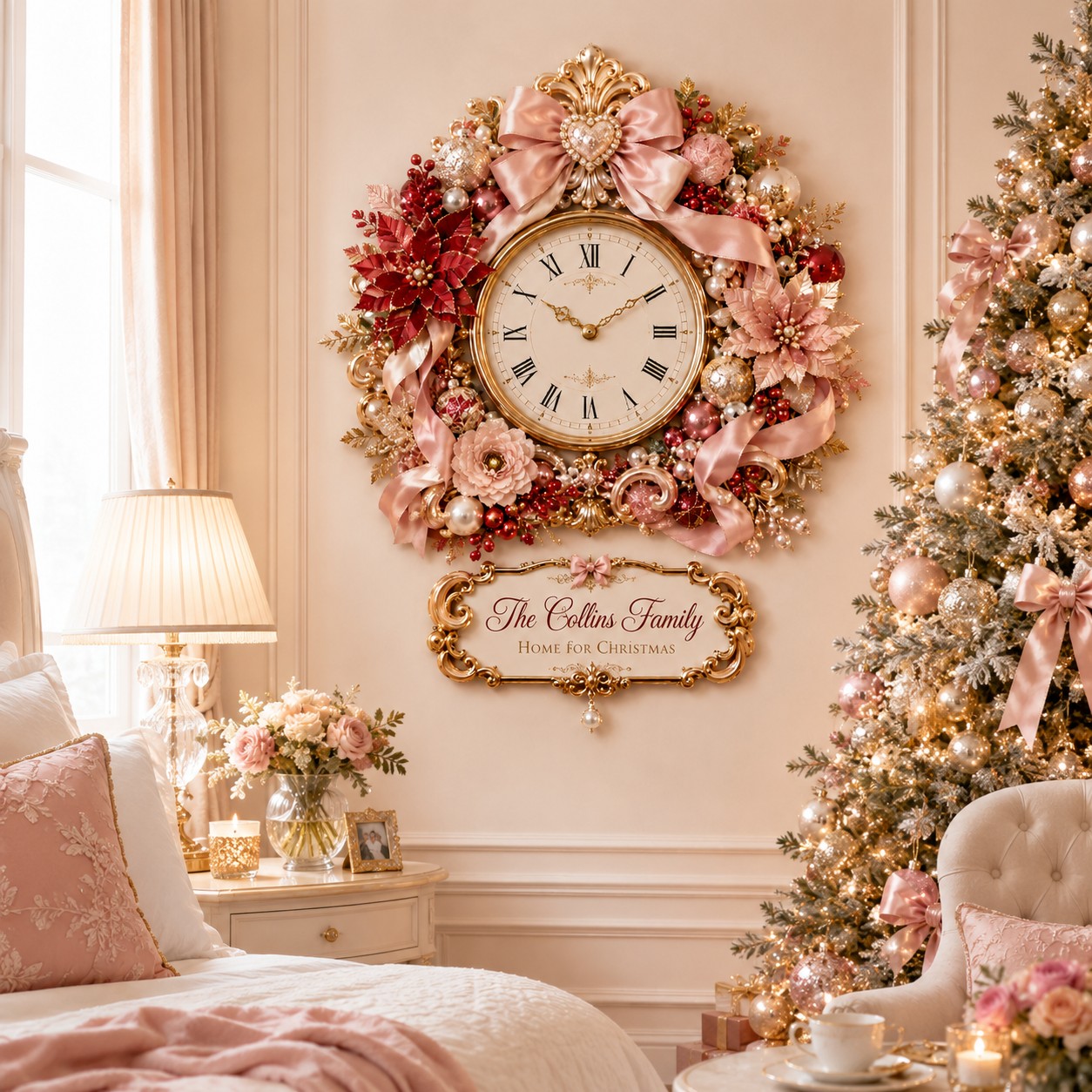 Coquette bow holiday Custom Name Wall Clock — personalized with a custom name