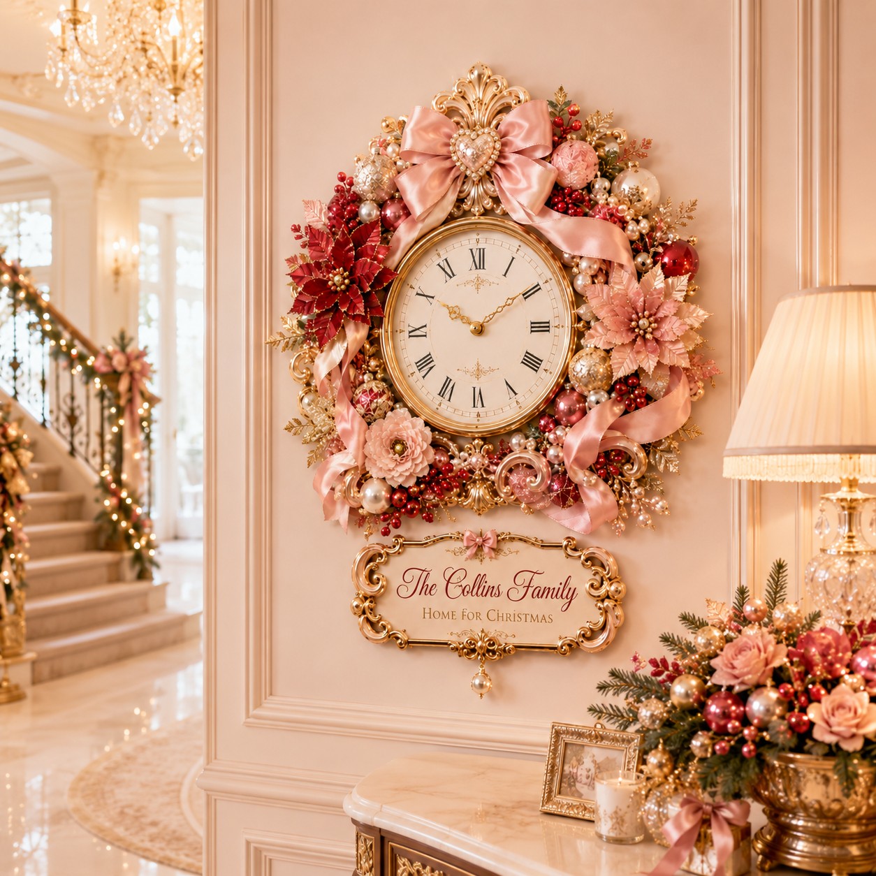 Coquette bow holiday Custom Name Wall Clock — personalized with a custom name