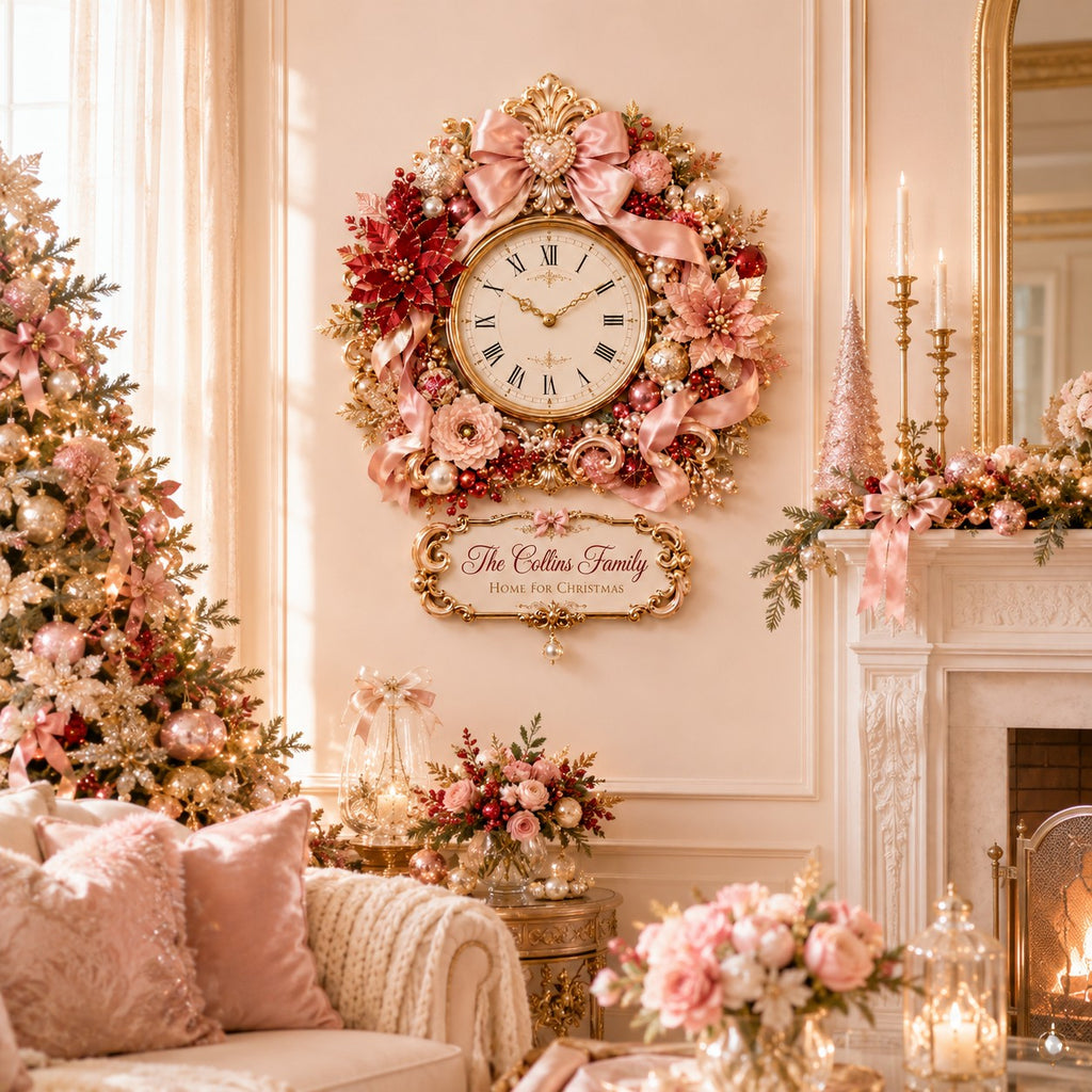 Coquette bow holiday Custom Name Wall Clock — personalized with a custom name