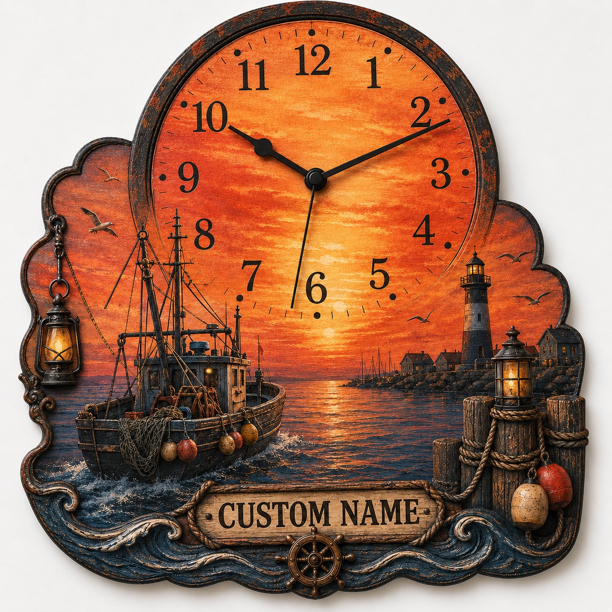 Orange seascape timepiece Custom Name Wall Clock — personalized with a custom name