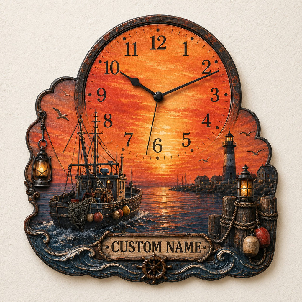 Orange seascape timepiece Custom Name Wall Clock — personalized with a custom name