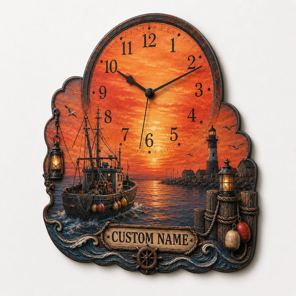 Orange seascape timepiece Custom Name Wall Clock — personalized with a custom name