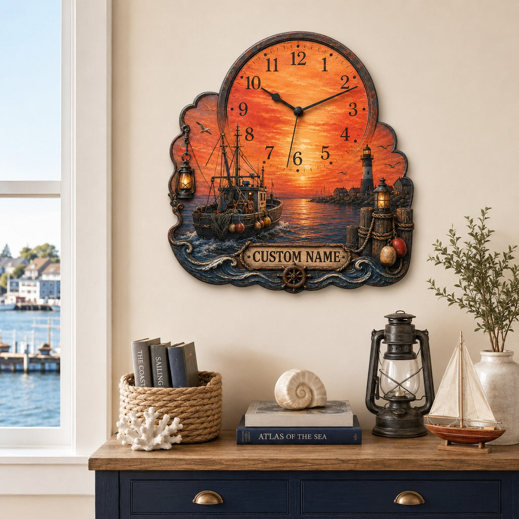 Orange seascape timepiece Custom Name Wall Clock — personalized with a custom name