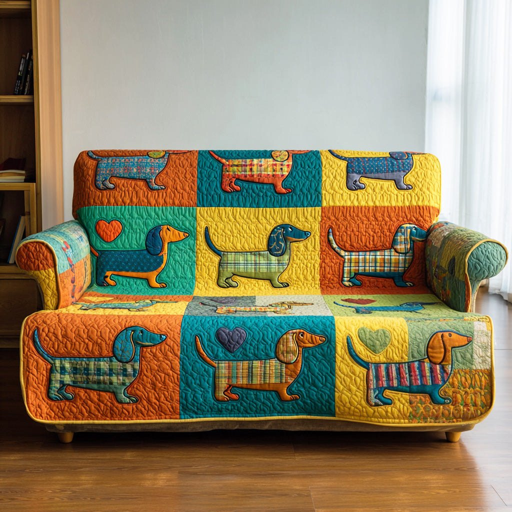 Dachshunds in Yellow and Teal Squares Sofa Cover