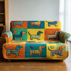 Dachshunds in Yellow and Teal Squares Sofa Cover