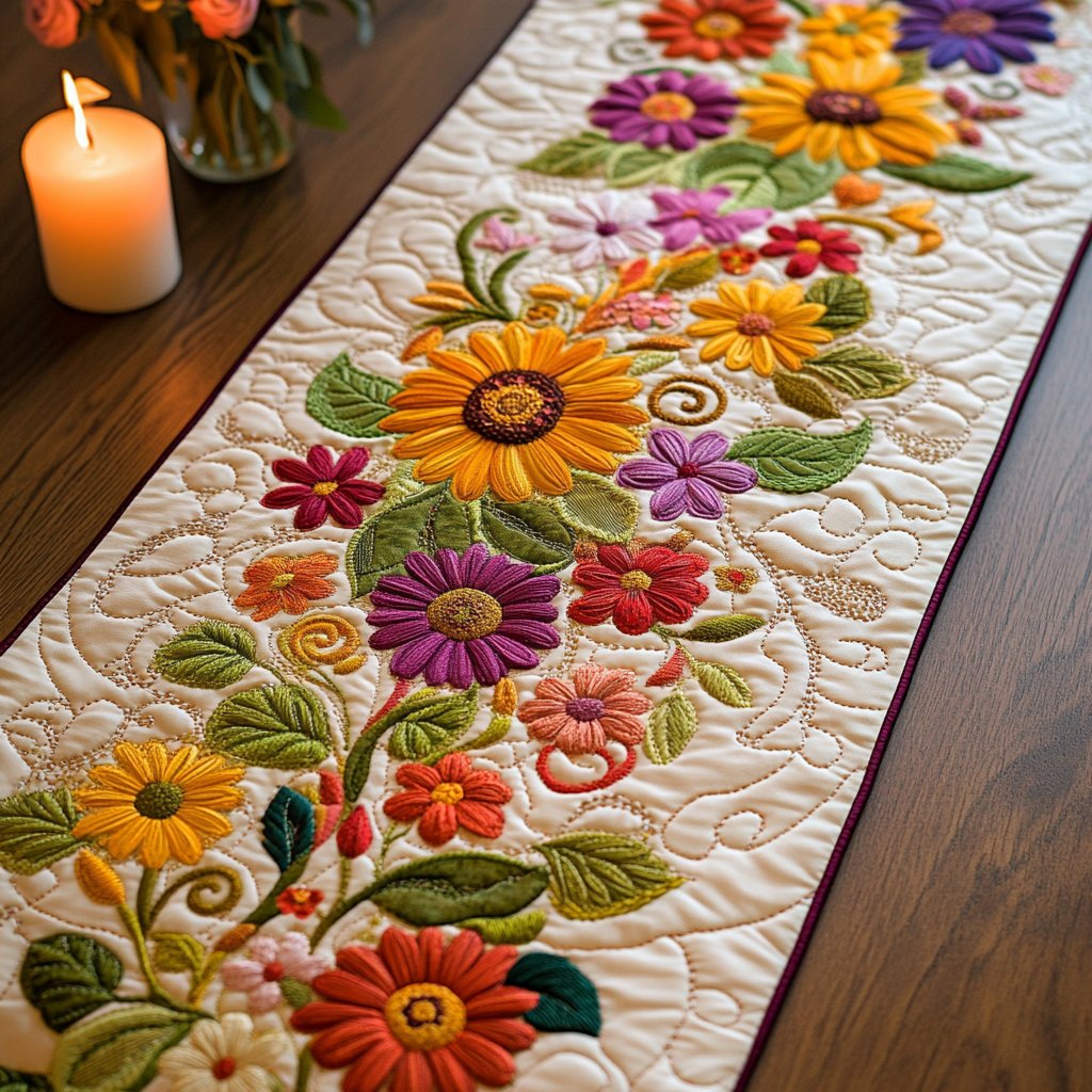 Bright Wildflowers on Cream Table Runner
