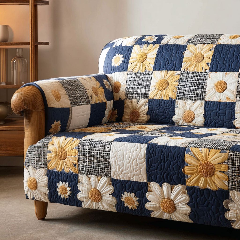 White Daisies on Navy Checks Sofa Cover