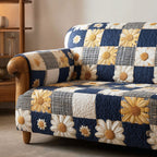White Daisies on Navy Checks Sofa Cover