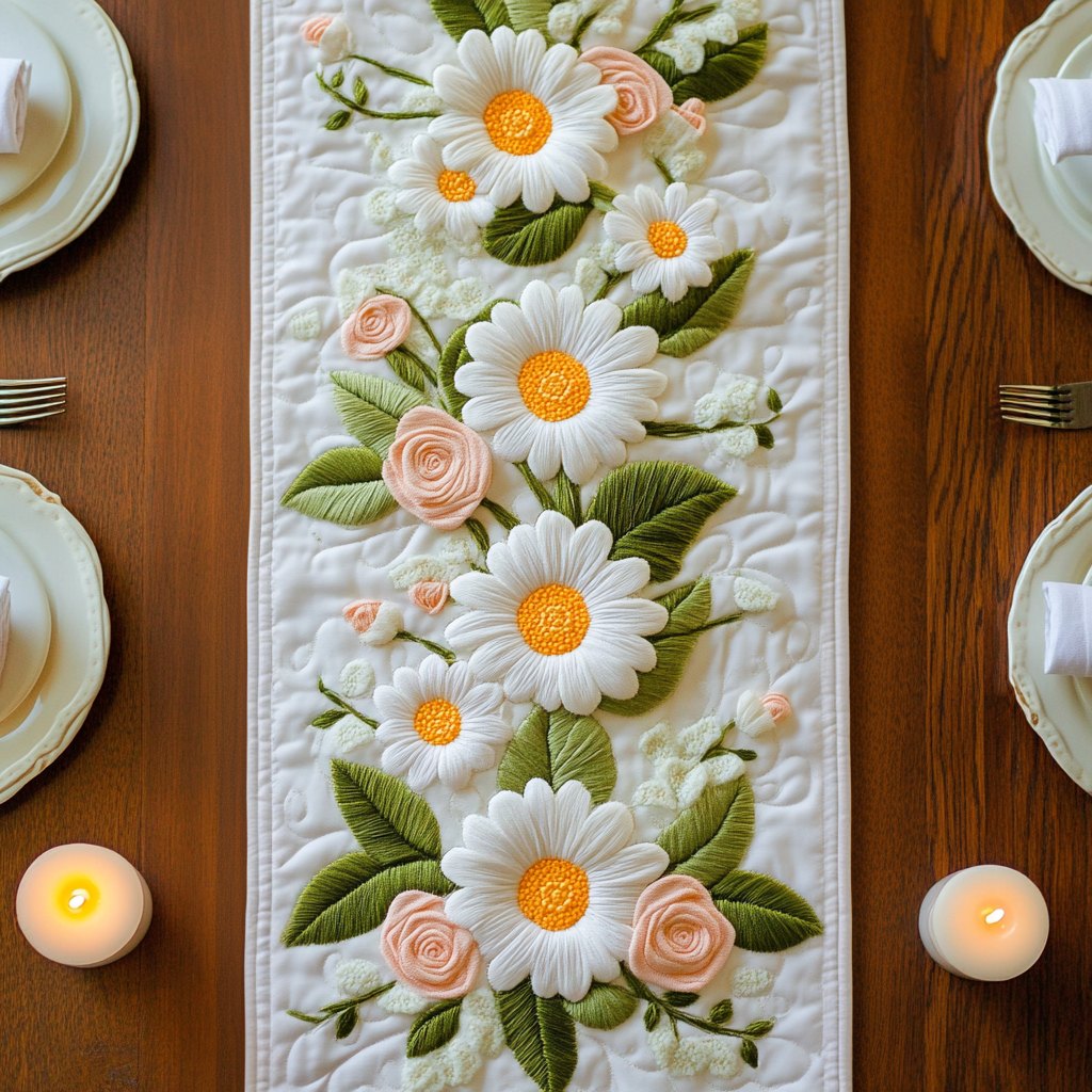 White Daisies and Pink Roses Table Runner