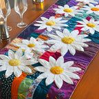 White Daisies on Bright Patchwork Table Runner