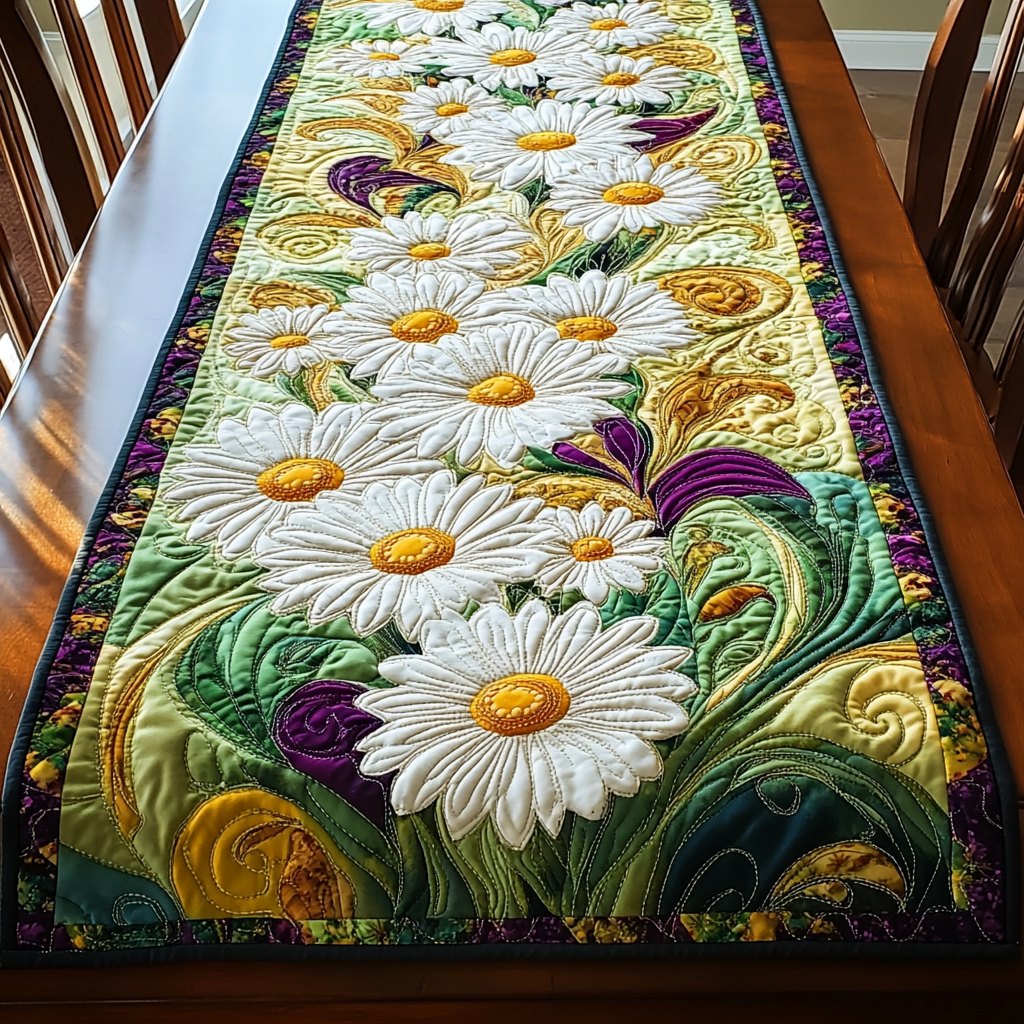 White Daisies on Green Swirls Table Runner