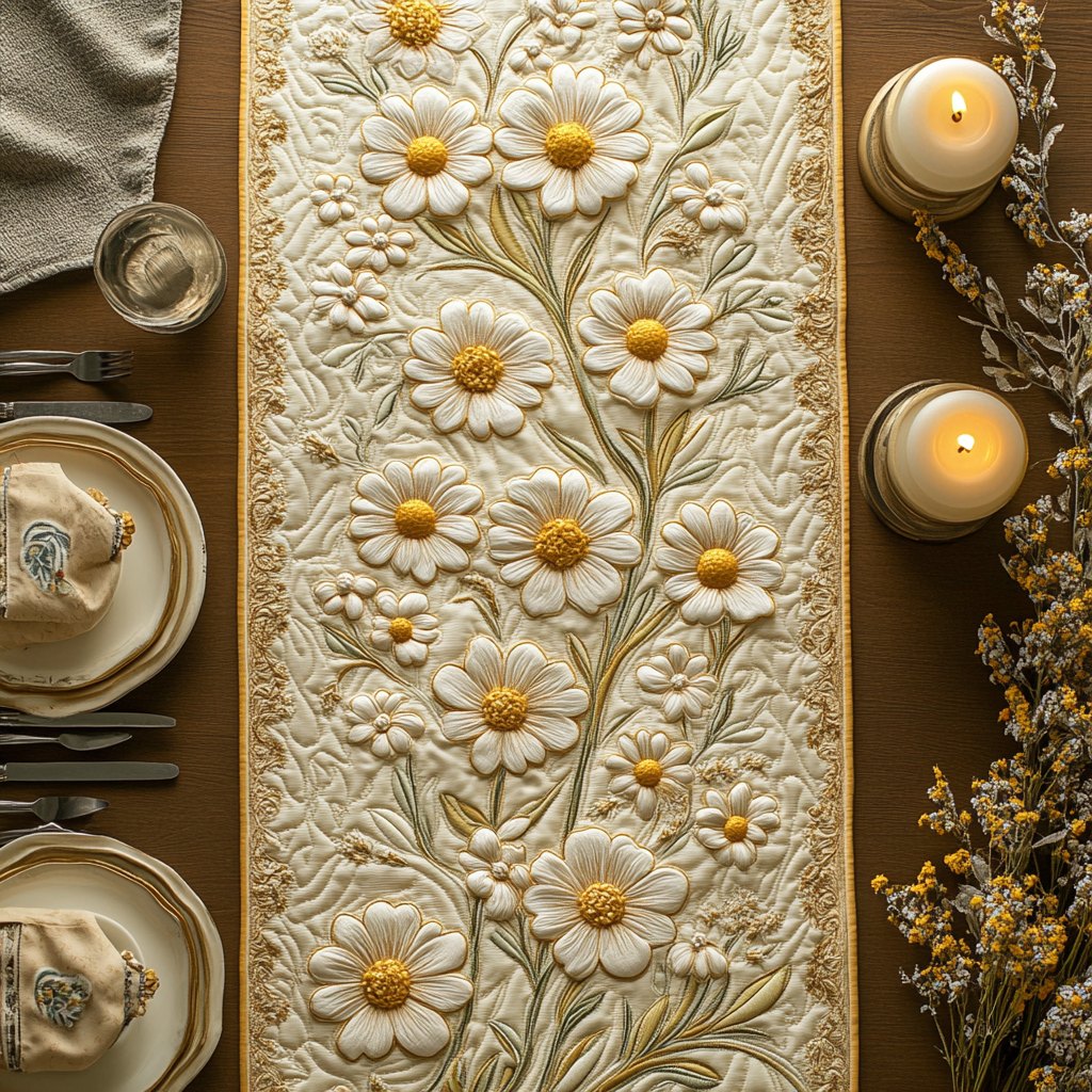 Cream Daisies with Tone on Tone Quilting Table Runner