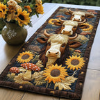Highland Cows with Sunflowers and Mushrooms Table Runner