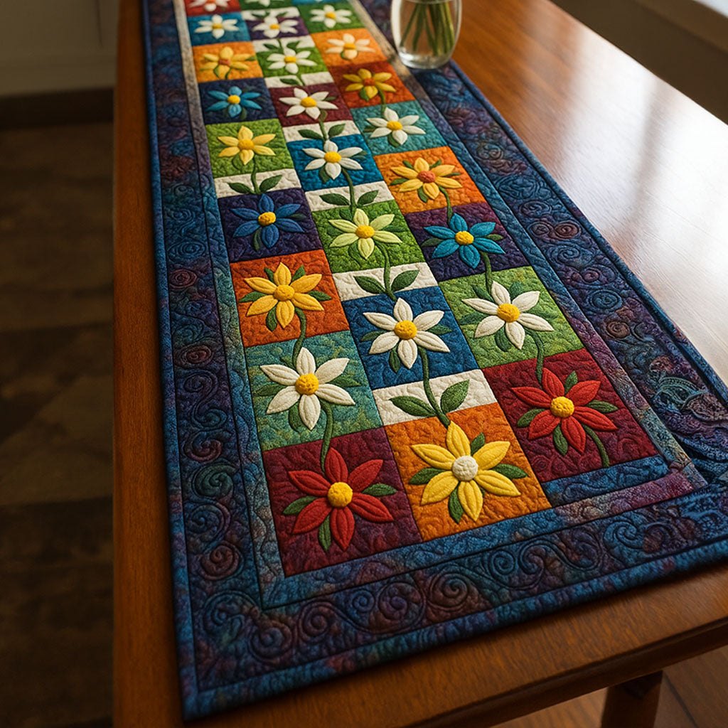 Flower Blocks in a Colorful Grid Table Runner
