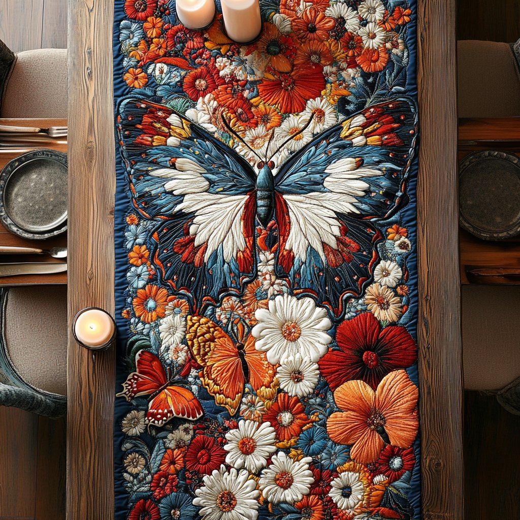 Butterfly with Orange Blooms on Navy Table Runner