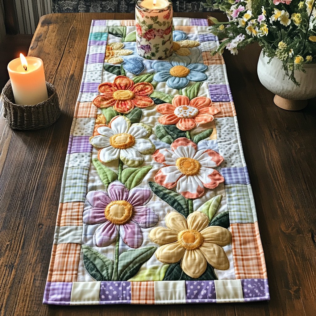 Pastel Blooms with Plaid Border Table Runner