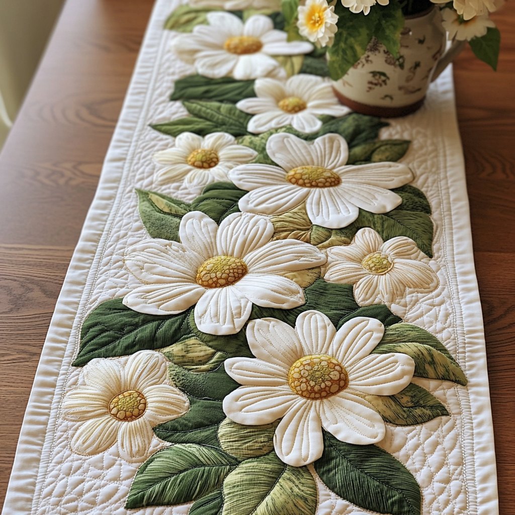White Daisies with Green Leaves Table Runner