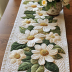White Daisies with Green Leaves Table Runner